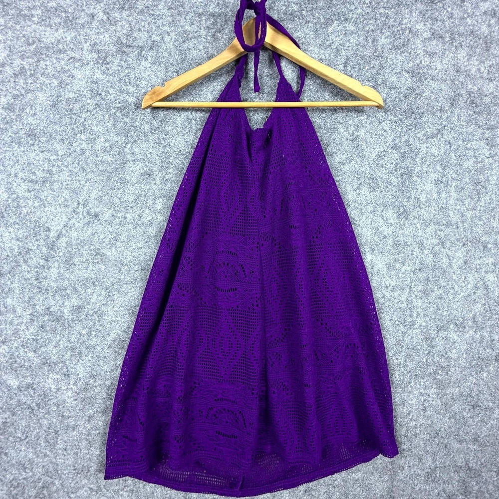 Faded Glory Swim Cover Up Dress Womens Medium Purple Crochet Lace Halter Boho‎
